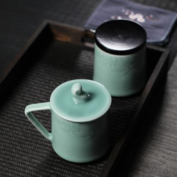 青瓷帶蓋茶杯龍泉手工祥云陶瓷茶葉罐個人辦公室杯子家用禮盒套裝