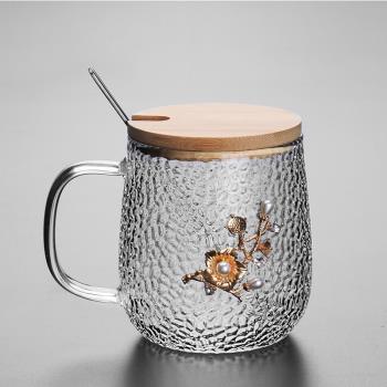 耐熱錘紋玻璃馬克杯帶蓋帶勺木蓋不銹鋼勺花茶杯牛奶咖啡杯水杯