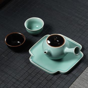 青瓷功夫茶具套裝手工龍泉陶瓷側把壺一壺二茶杯茶盤整套泡茶家用