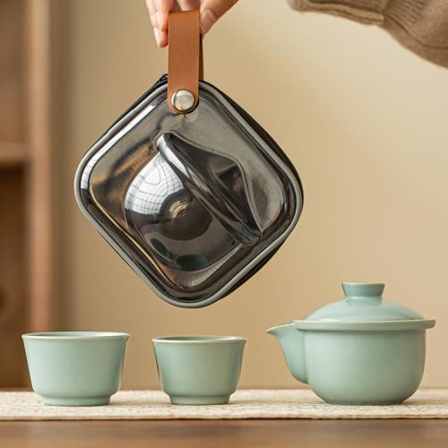 聚山堂汝窯快客杯一壺兩杯便攜式戶外車載旅行茶具小套陶瓷茶杯