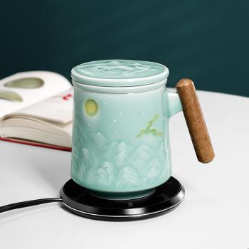 龍泉青瓷茶具辦公室泡茶杯茶水分離杯子陶瓷過濾帶蓋木柄單個水杯