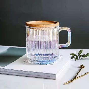 北歐條紋玻璃杯馬克杯創意炫彩帶蓋玻璃茶杯果汁杯咖啡牛奶