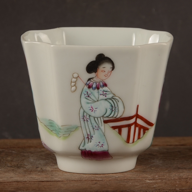 清同治粉彩手繪人物/花鳥紋主人杯茶杯古玩古董景德鎮廠貨瓷器|茶杯