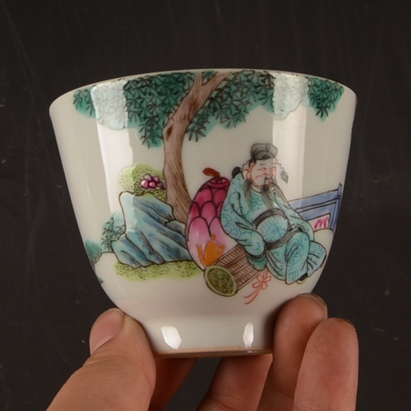 清同治粉彩手繪人物/花鳥紋主人杯茶杯古玩古董景德鎮廠貨瓷器|茶杯