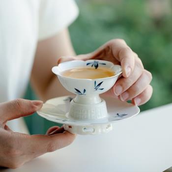 純手繪蝴蝶蘭花蓮花盞杯仿宋品茗杯手工主人杯葵口茶盞茶杯