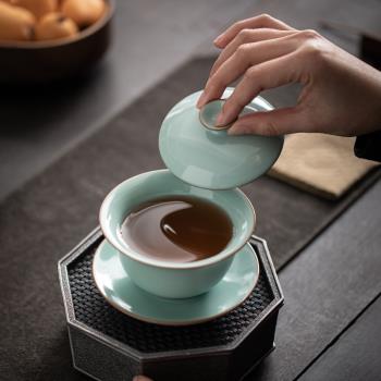 汝窯三才蓋碗大號茶碗功夫茶杯單個禮盒泡茶輕奢高檔開片可養簡約
