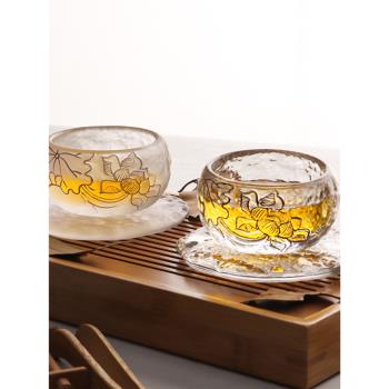 中式玻璃茶杯蓮花品茗杯主人杯琉璃感透明茶盞茶碗高端單杯小茶托