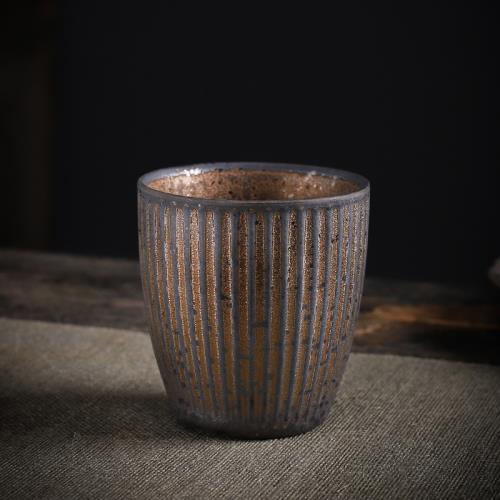 日式茶杯大號陶瓷水杯200毫升條紋杯子單個主人杯復古鐵銹暖手杯