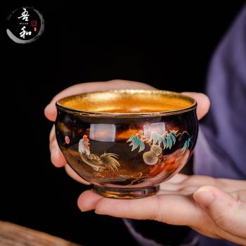 吾和漆器茶具 名家蔡志強大漆建盞主人杯金雞報曉24K金盞高階茶杯
