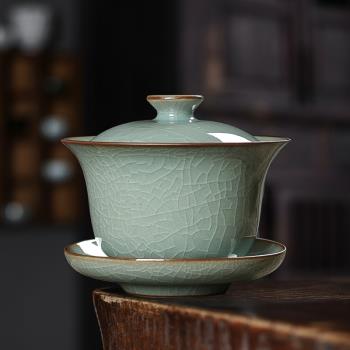 青瓷蓋碗茶杯單個家用陶瓷大號哥窯冰裂手工龍泉功夫茶三才泡茶碗