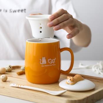 可愛創意 陶瓷杯子茶水分離泡茶杯 過濾帶蓋帶勺馬克杯牛奶咖啡杯