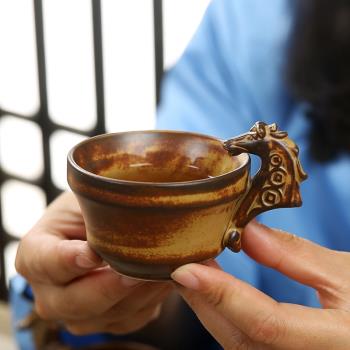 粗陶茶杯帶把手主人杯單杯大號日式復古窯變陶瓷功夫茶具品茗杯子