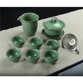 淘青瓷哥窯青瓷蓋碗泡茶杯開片茶杯冰裂功夫茶具三才杯大號茶碗