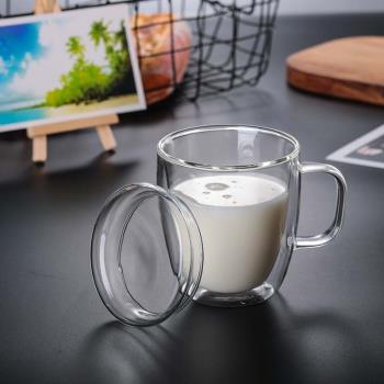 簡約雙層玻璃杯帶把耐熱花茶杯透明隔熱水杯冷飲牛奶果汁咖啡杯子