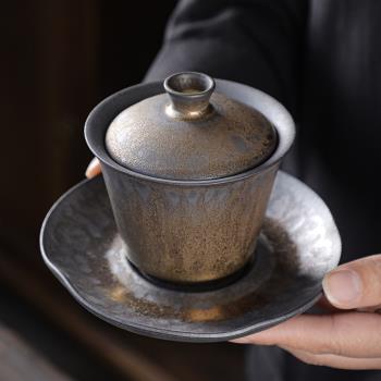 粗陶三才蓋碗茶杯單個家用日式復古鎏金鐵銹釉陶瓷功夫茶具泡茶碗