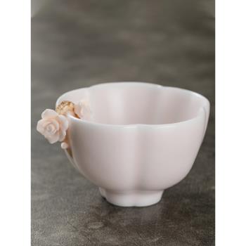 羊脂玉粉色汝窯開片女士泡茶主人杯單杯女茶杯高檔茶道花瓣品茗杯