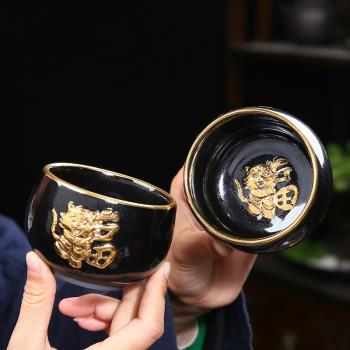 李克峰瑞虎賜福金盃高檔輕奢24K金盞主人杯天目建盞鎏金茶杯禮盒