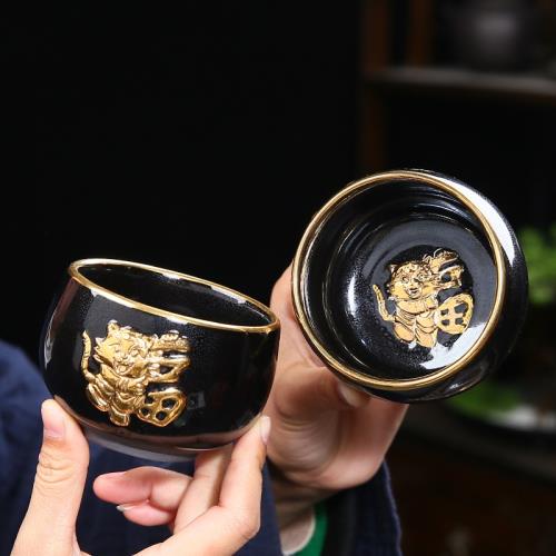 李克峰瑞虎賜福金杯高檔輕奢24K金盞主人杯天目建盞鎏金茶杯禮盒
