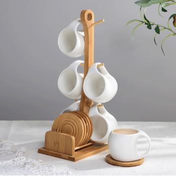 家好點 日式茶杯套裝 花茶具陶瓷咖啡杯碟套裝 6件套骨瓷帶杯架