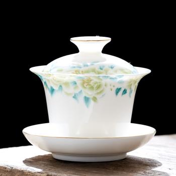 中國白羊脂玉薄胎蓋碗茶杯單個茶碗泡茶杯白瓷甜白高端茶具三才碗