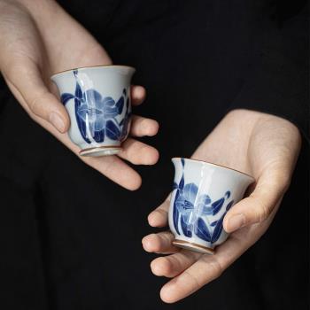釉下青花手繪百合花品茗杯陶瓷做舊仿古喝茶杯主人杯個人專用茶杯