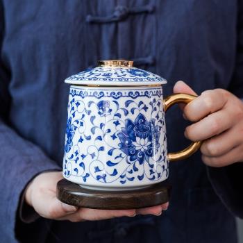 景德鎮青花瓷國風大容量茶杯喝水杯子陶瓷內膽茶水分離泡茶辦公杯