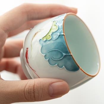 輕奢手繪浮雕功夫陶瓷茶杯家用杯套裝日式小茶碗主人單杯品茗個人
