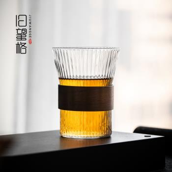 舊望格木扣條紋隔熱玻璃水杯日式家用茶杯喝水杯子牛奶咖啡杯男女