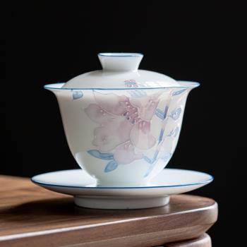 手繪百合三才蓋碗茶杯單個茶碗帶蓋不燙手茶具家用陶瓷泡茶器