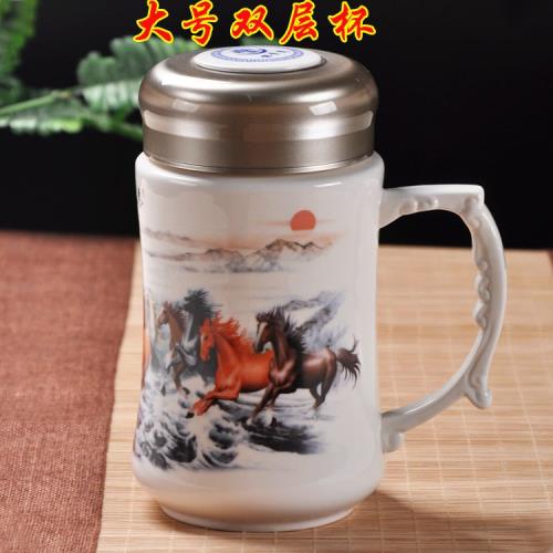 壺趣 雙層保溫杯陶瓷內膽大容量帶蓋有手柄茶杯商務禮品大老板杯