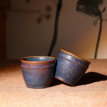 任曉飛茶杯 鈞瓷孔雀藍手工炭燒缸型杯原礦中式釉中彩陶瓷茶杯