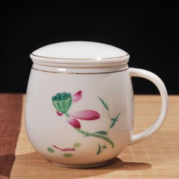 陶瓷泡茶杯帶過濾帶蓋三件杯德化白瓷茶具家用辦公喝水泡茶茶杯子
