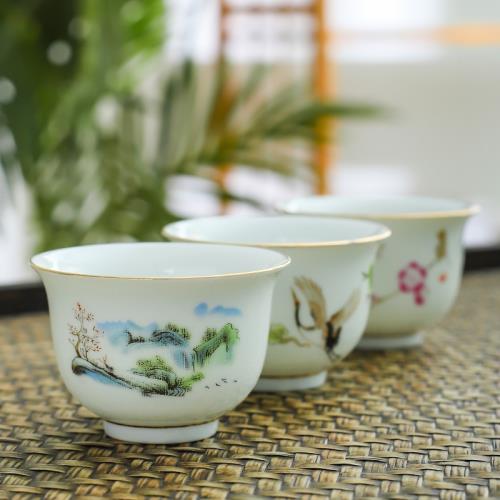 陶瓷小茶杯六個裝中式描金復古功夫茶具杯子一口杯70ml小酒杯家用