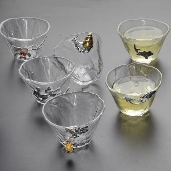 玻璃茶杯鑲錫日式功夫小杯子主人單杯個性金魚耐熱透明品茗杯