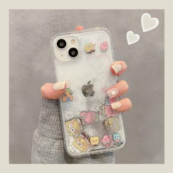 創意流沙海綿寶寶適用iPhone13手機殼蘋果14promax矽膠13pro新款卡通15女款11小眾12全包防摔14pro趣味保護套