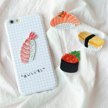 《回轉壽司》三文魚刺繡手帳pad包包手機殼自粘款時尚DIY百塔布貼