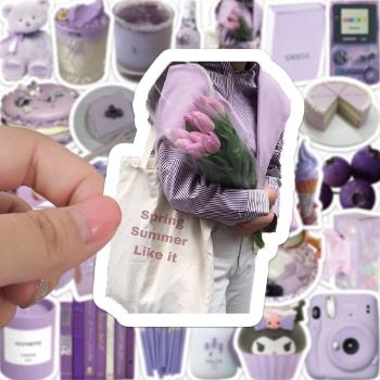 60張紫色系小眾貼紙清新簡約顏值裝飾手機殼手賬歡樂女生筆記食物