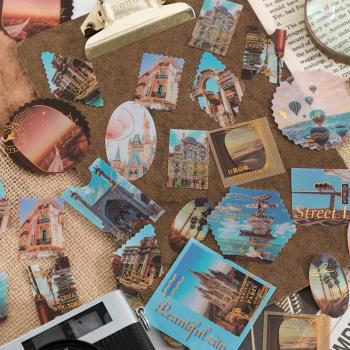 旅行印記PET燙金手賬貼紙包 復古ins風景郵戳手機殼裝飾防水貼畫