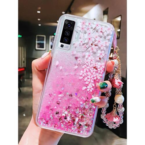 適用于vivoX50手機殼夢幻閃粉液體流沙x50pro硅膠防摔軟殼奢華珠花掛繩