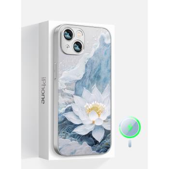 適用於蘋果iphone16promax磁吸手機殼15plus女14新款magsafe矽膠13藍色水波蓮花12全包鏡頭邊氣囊支架保護套