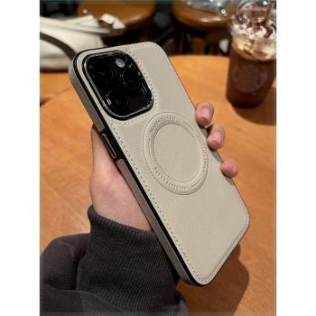 牛皮殼適用蘋果15promax手機殼真皮Magsafe磁吸殼高階iPhone15新款14pro防摔13全包12保護套plus高階11外殼