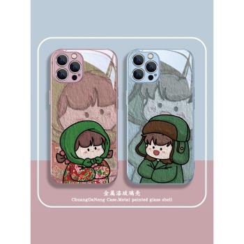 情侶蘋果15手機殼iPhone14東北大紅布16Pro新款11油畫xsmax花棉襖12mini土味x大紅花xr秋冬7plus男女款13玻璃