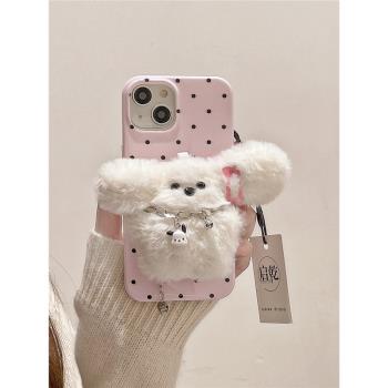啟乾 毛絨帕恰狗支架背貼iPhone15手機殼適用蘋果14/13promax軟殼12少女心11可愛xsmax卡通xr粉色小眾新款