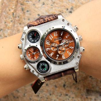 Oulm歐鐳手表全新大表設計真皮戶外運動休閑手表男兩機芯時裝潮表