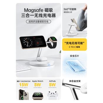 【美國W&P】蘋果三合一無線充電器Magsafe磁吸支架適用iPhone15ProMax手機Applewatch手表iWatch底座AirPods