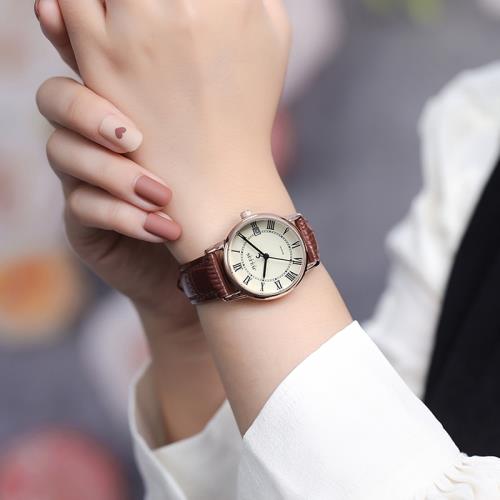 聚利時手表女士女款羅馬字刻度日歷復古高級感真皮高中學生石英表