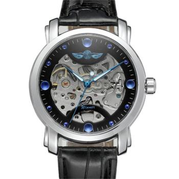 士全自動機械手皮帶商務手表款男時尚圓形皮革白色黑色國產腕表
