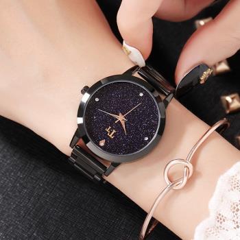 新款手表鏡面潮流個性黑色殼表帶女TT時尚不銹鋼石英鋼帶國產腕表