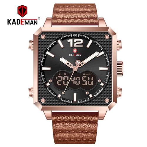 KADEMAN卡德曼K9038新款方形男士雙機芯多功能運動防水皮帶手表