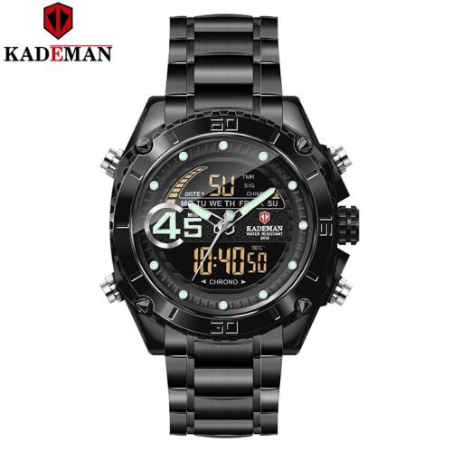 KADEMAN卡德曼男士大表盤LCD夜光電子運動防水鋼帶休閑手表K9054